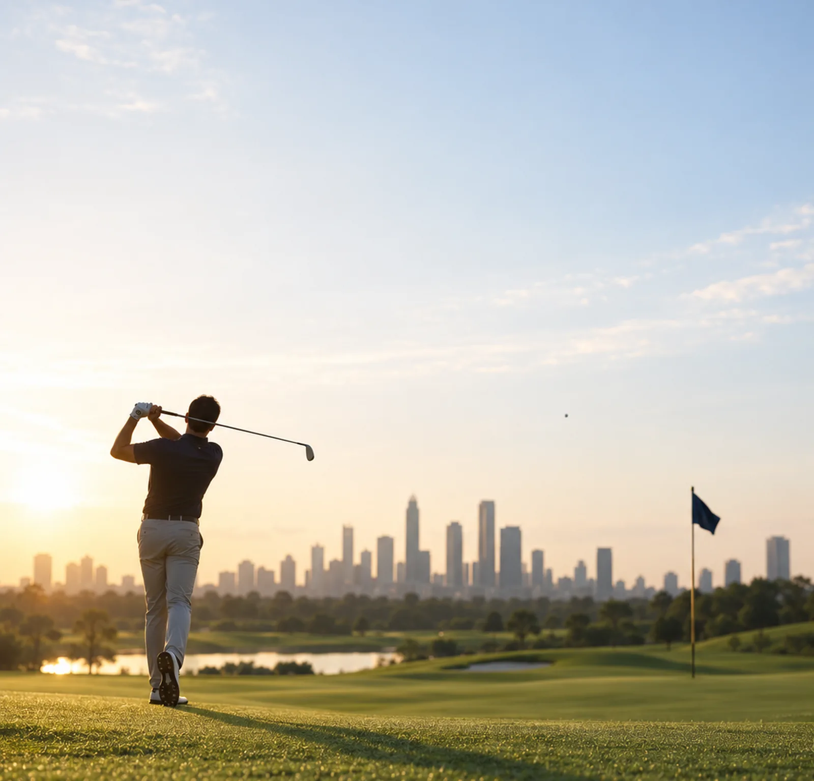 Golfista realizando tacada em campo aberto ao entardecer, com o skyline de uma cidade corporativa ao fundo