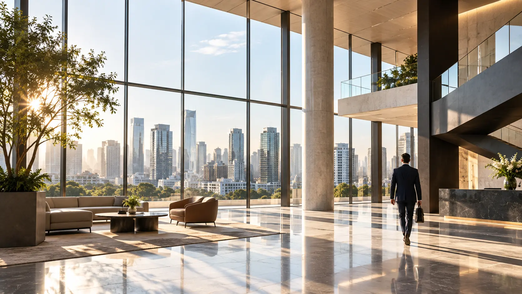 Lobby corporativo de alto padrão com luz natural, janelas do piso ao teto e vista para a cidade
