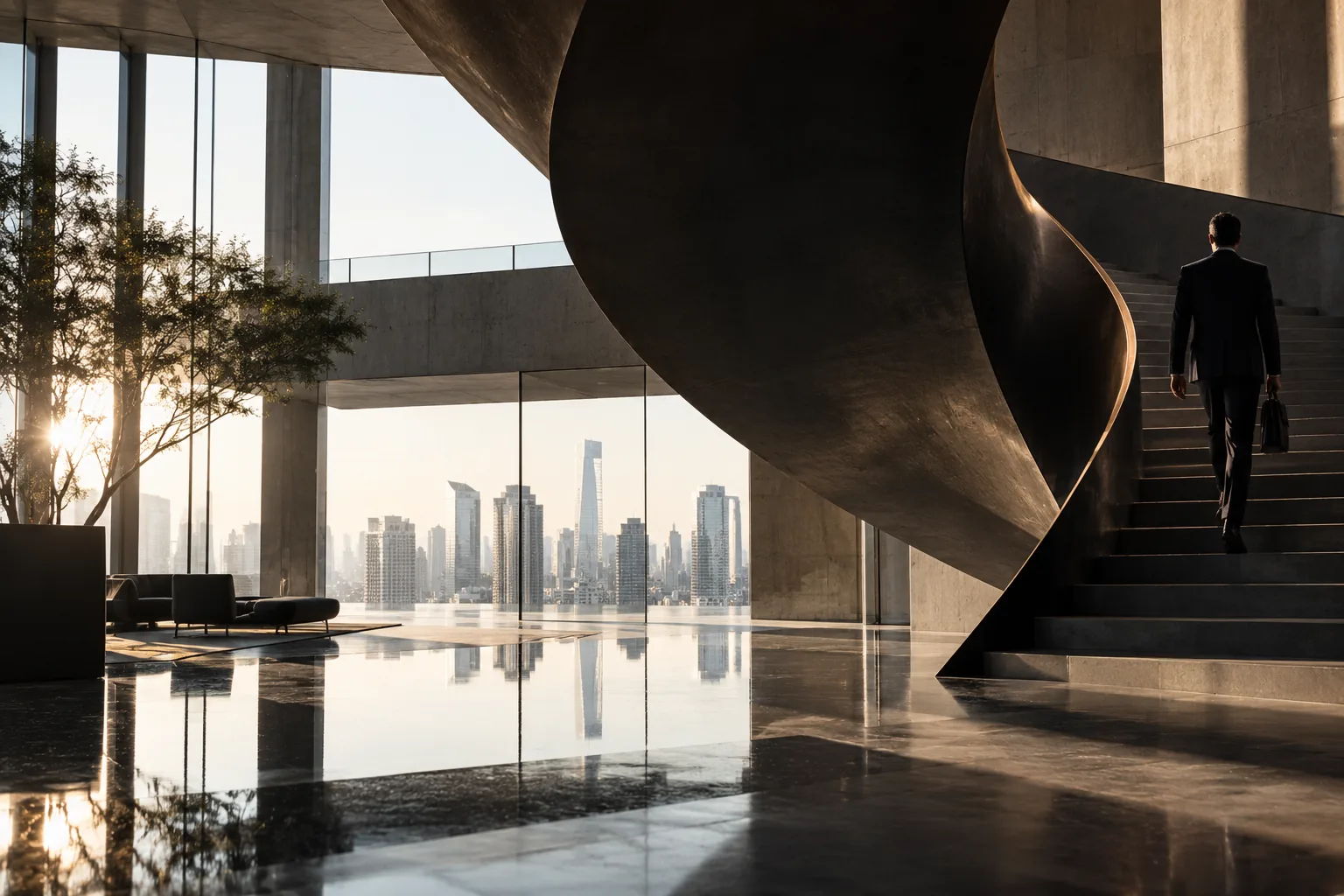 Lobby corporativo de alto padrão com escada em curva e skyline de São Paulo ao fundo
