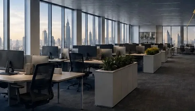 Andar corporativo em planta livre, com estações de trabalho e vista para os prédios de São Paulo