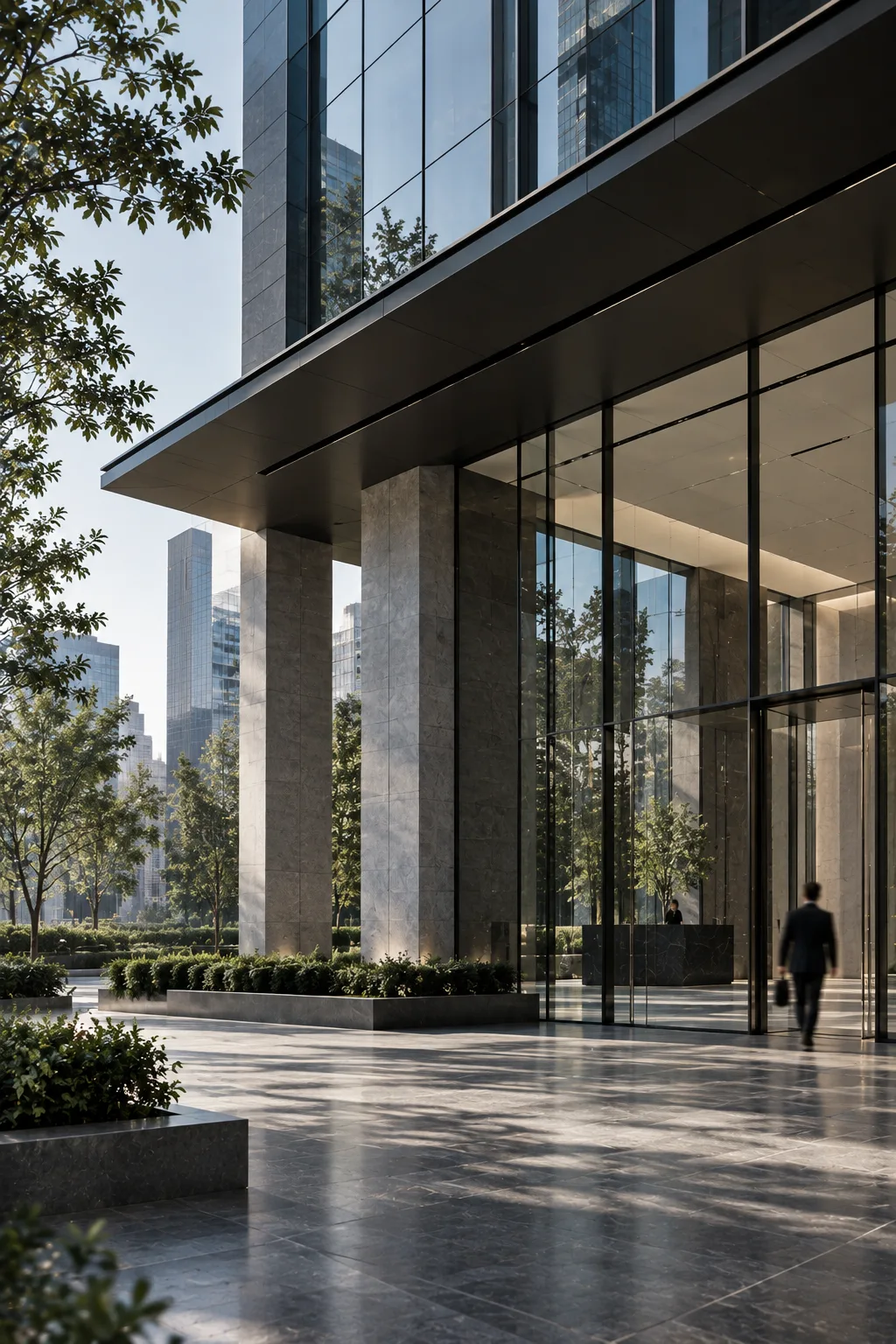 Interior de escritório corporativo com iluminação natural e espaços de convivência