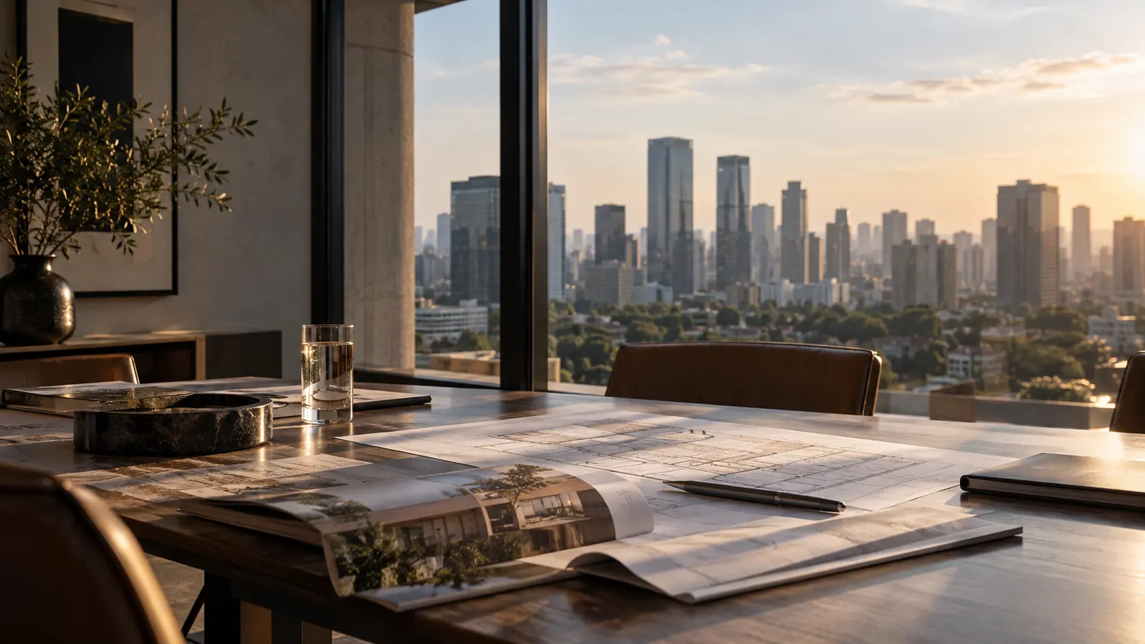 Mesa de reunião com plantas e uma revista de arquitetura abertas, ao lado de uma janela com vista para a cidade em luz natural